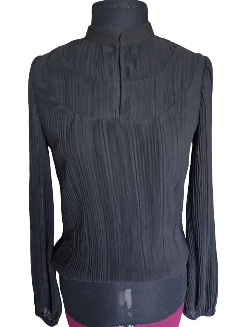 WHBM Black Pleated Mock-Neck Chiffon Blouse Size XXS Sheer Sleeves